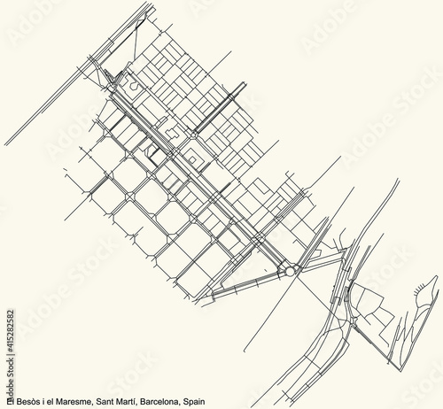 Black simple detailed street roads map on vintage beige background of the El Besòs i el Maresme neighbourhood of the Sant Martí district of Barcelona, Spain