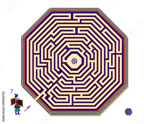 Logic puzzle game with octagonal labyrinth for children and adults. Help the wizard find the way to the center of maze. Worksheet for kids brain teaser book. IQ test. Play online.