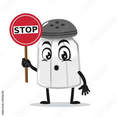 vector illustration of salt shaker mascot or character holding sign says stop