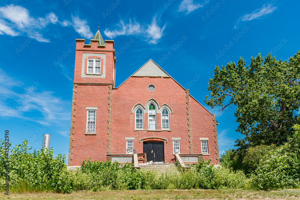 The historic, yet abandoned Aneroid United Church in Aneroid, Saskatchewan, Canada