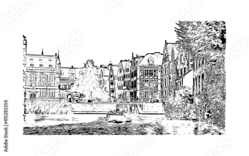 Building view with landmark of Ghent is a port city in northwest Belgium. Hand drawn sketch illustration in vector.