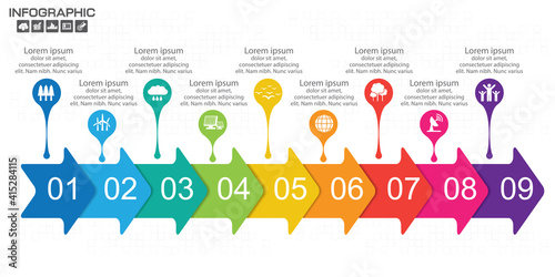 Infographic arrow design template 9 steps with place for your data. Vector illustration.