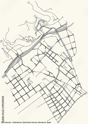 Black simple detailed street roads map on vintage beige background of the Sant Gervasi - la Bonanova neighbourhood of the Sarrià-Sant Gervasi district of Barcelona, Spain