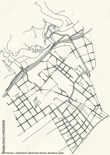 Black simple detailed street roads map on vintage beige background of the Sant Gervasi - la Bonanova neighbourhood of the Sarri  -Sant Gervasi district of Barcelona  Spain