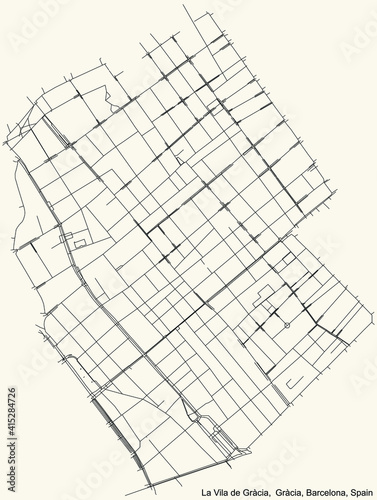 Black simple detailed street roads map on vintage beige background of the Vila de Gràcia neighbourhood of the Gràcia district of Barcelona, Spain