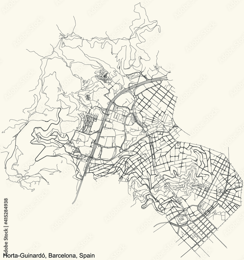 Black simple detailed street roads map on vintage beige background of the quarter Horta-Guinardó district of Barcelona, Spain