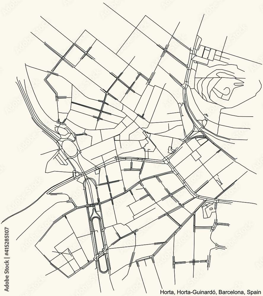 Black simple detailed street roads map on vintage beige background of the Horta neighbourhood of the Horta-Guinardó district of Barcelona, Spain