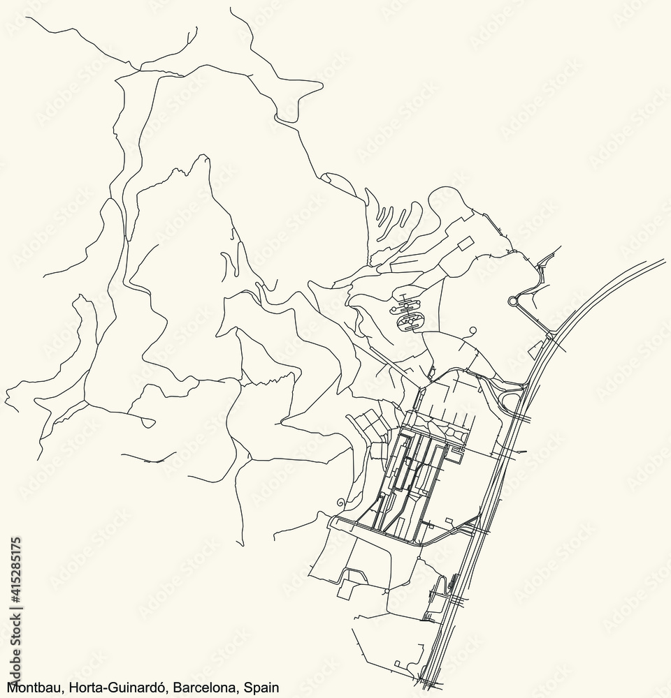 Black simple detailed street roads map on vintage beige background of the Montbau neighbourhood of the Horta-Guinardó district of Barcelona, Spain