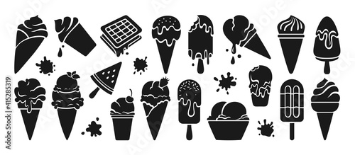 Ice cream black glyph set. Chocolate, vanilla cartoon ice cream cone fruit, mint, berry. Kawaii icon summer collection sweet food and splash. Watermelon on stick. Isolated dessert vector illustration