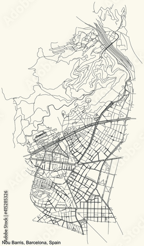 Black simple detailed street roads map on vintage beige background of the quarter Nou Barris district of Barcelona, Spain