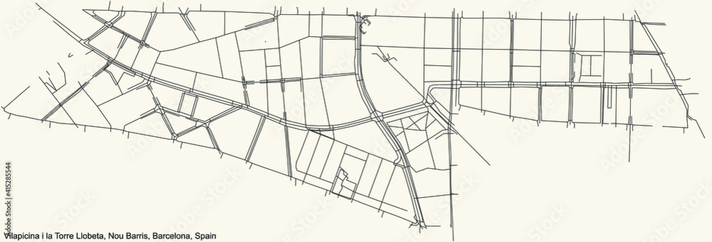 Black simple detailed street roads map on vintage beige background of the Vilapicina i la Torre Llobeta neighbourhood of the Nou Barris district of Barcelona, Spain