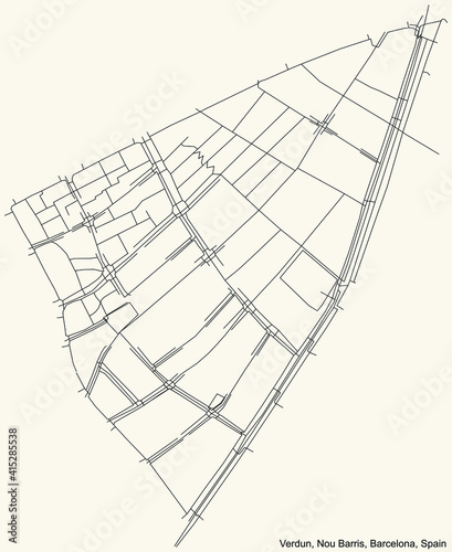 Black simple detailed street roads map on vintage beige background of the Verdum neighbourhood of the Nou Barris district of Barcelona, Spain