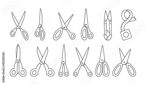 Scissor black line set. Hand drawn professional pair, scissors cutting hair or needlework. Craft and scissoring flat creative scissors. Open, closed cutting or nippers collection. Vector illustration