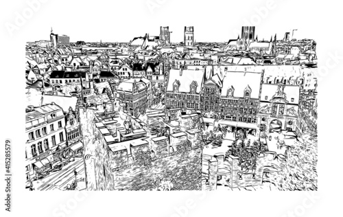Building view with landmark of Ghent is a port city in northwest Belgium. Hand drawn sketch illustration in vector.