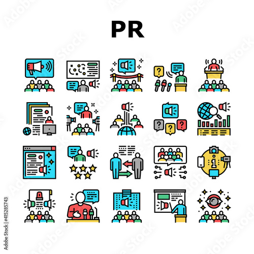Pr Public Relations Collection Icons Set Vector. Pr Strategy And Events, Interview And Press Release, Meeting And Responses To Media Inquiries Concept Linear Pictograms. Contour Color Illustrations