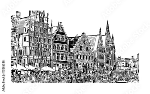 Building view with landmark of Ghent is a port city in northwest Belgium. Hand drawn sketch illustration in vector.