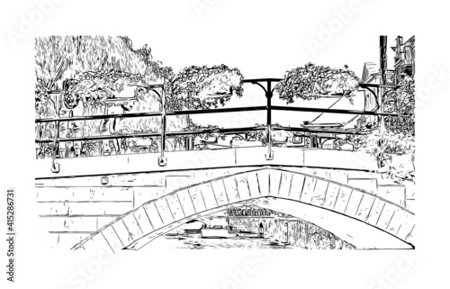 Building view with landmark of Ghent is a port city in northwest Belgium. Hand drawn sketch illustration in vector.