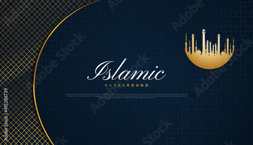 Islamic Background with Abstract Pattern and Elegant Gold Mosque on Dark Paper Background