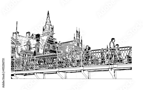 Building view with landmark of Ghent is a port city in northwest Belgium. Hand drawn sketch illustration in vector.