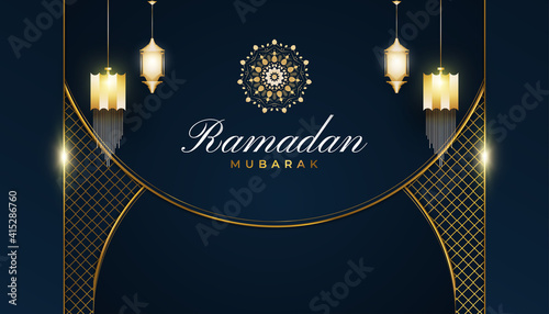 Luxurious Ramadan Kareem Background with Golden Arabic Lanterns and Mandala on Blue and Gold Paper Background