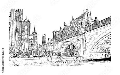 Building view with landmark of Ghent is a port city in northwest Belgium. Hand drawn sketch illustration in vector.