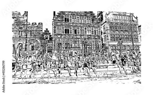Building view with landmark of Ghent is a port city in northwest Belgium. Hand drawn sketch illustration in vector.