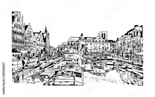 Building view with landmark of Ghent is a port city in northwest Belgium. Hand drawn sketch illustration in vector.