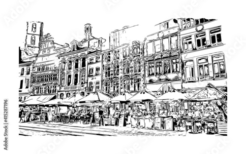Building view with landmark of Ghent is a port city in northwest Belgium. Hand drawn sketch illustration in vector.