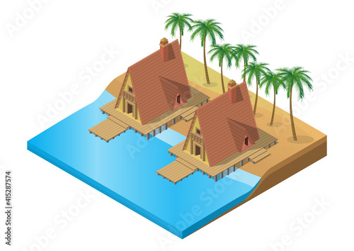 Isometric wooden tropical resort on beach