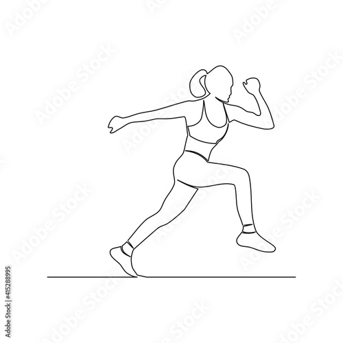 Line drawing of young female runner. Individual sport, training concept. Templates for your designs. Vector illustration