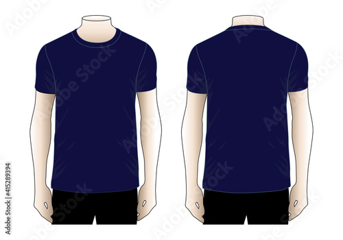 Blank Navy Blue Short Sleeve T-Shirt for Template on White Background. Front and Back Views, Vector File