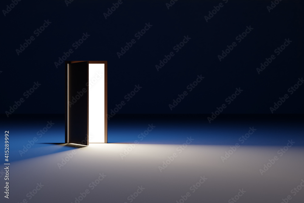 Open door from which white light shines in a dark room with white lights. Riddle, adventure and mystic concept Open door from which white light shines in a dark room with white lights. Riddle, adventure and mystic concept