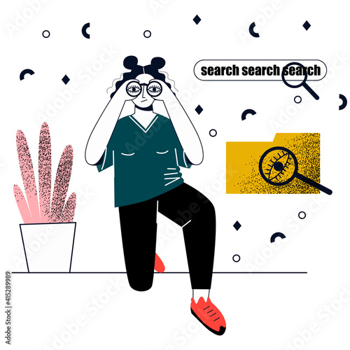 Woman looking througt binoculars. Search concept. Business metaphore for search or research, development, websurfing. Flat vector illustration. photo