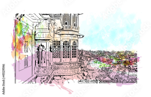 Building view with landmark of Udaipur is the
city in India. Watercolour splash with hand drawn sketch illustration in vector.