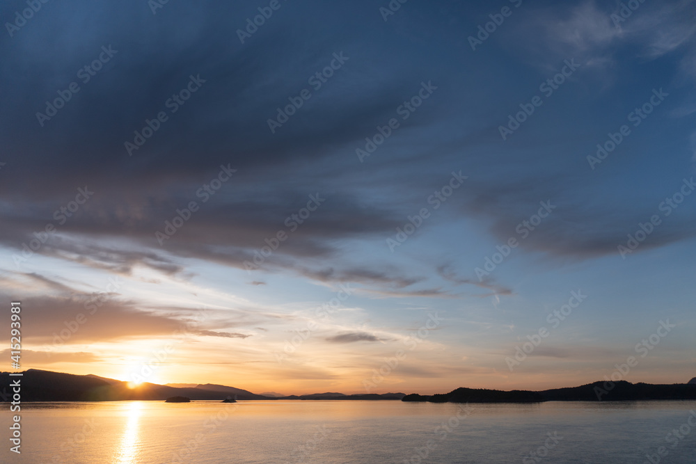 view of coastal British Colmbia, Canada, near the Gulf Islands, at sunset