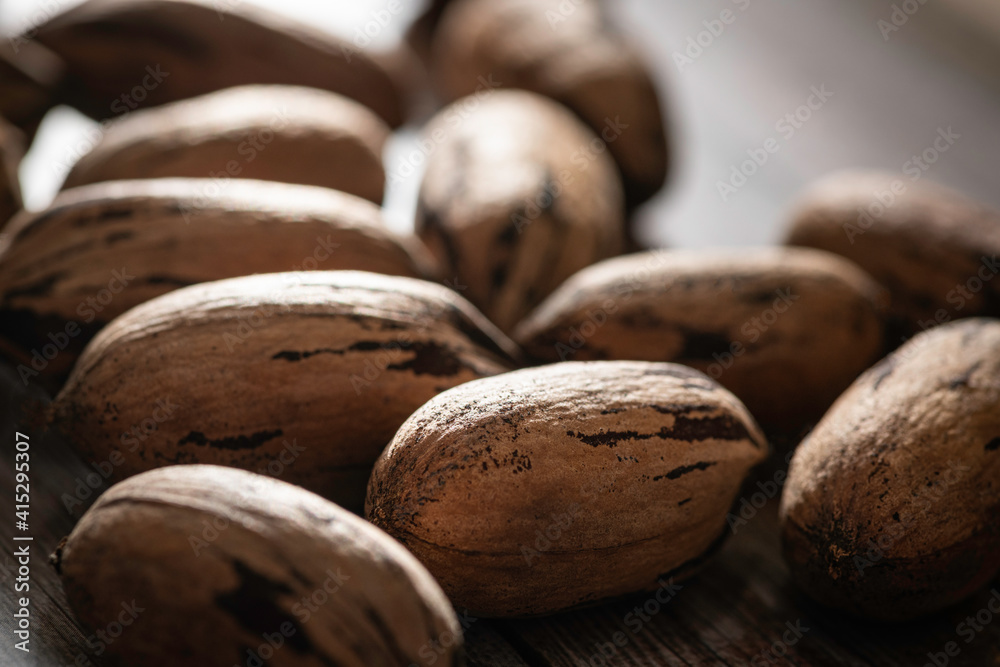 Pecan Nuts In Shell On Wood Table Pecan Nuts In Shell On Wood Table