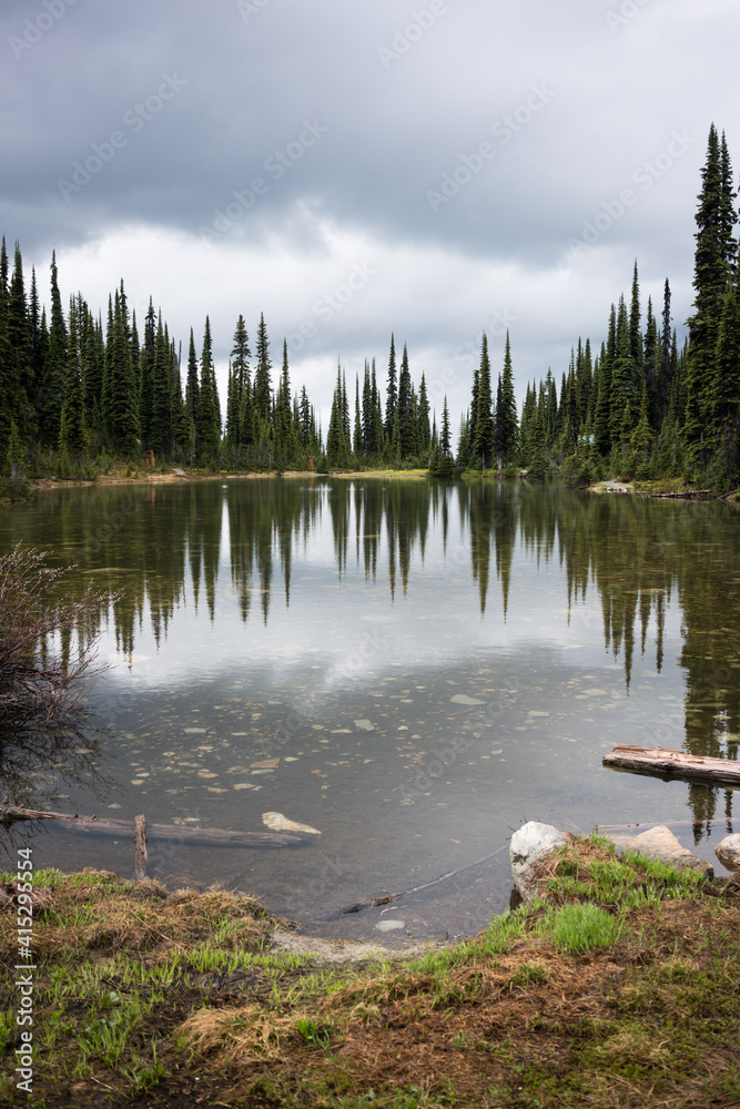 view of a tranquil reflective lake at Mt. Revelstoke National Park, BC, Canada