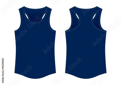 Blank Navy Blue Tank Top Template On White Background. Front and Back View, Vector File.