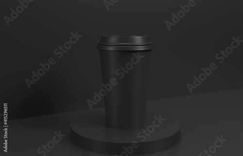 black coffee cup mockup in stand. 3d cup