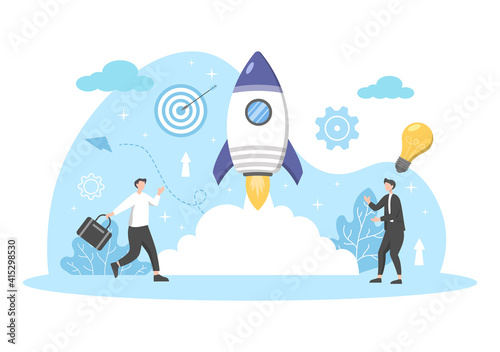 Launch Startup Flat Illustration of business Development process, Innovation product, and creative idea. © denayune