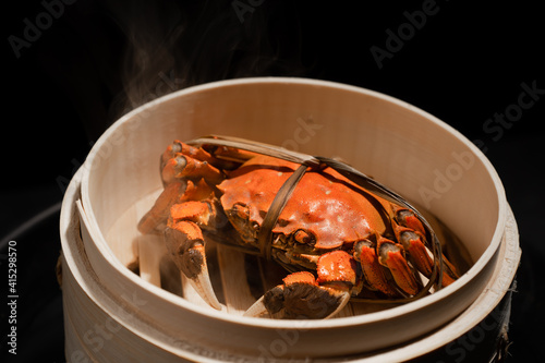 Autumn crab in rice field against dark background photo