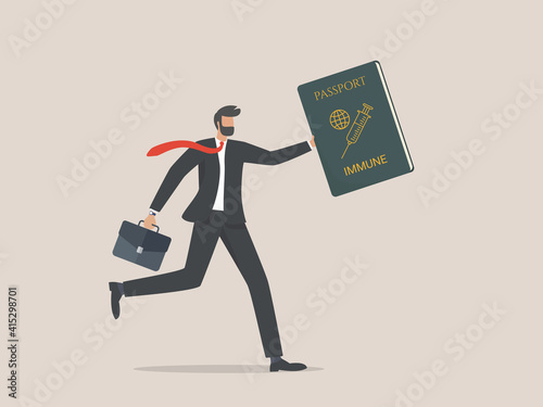 businessman running and holding vaccine passport