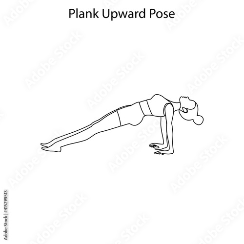 Plank upward pose yoga workout outline. Healthy lifestyle vector illustration