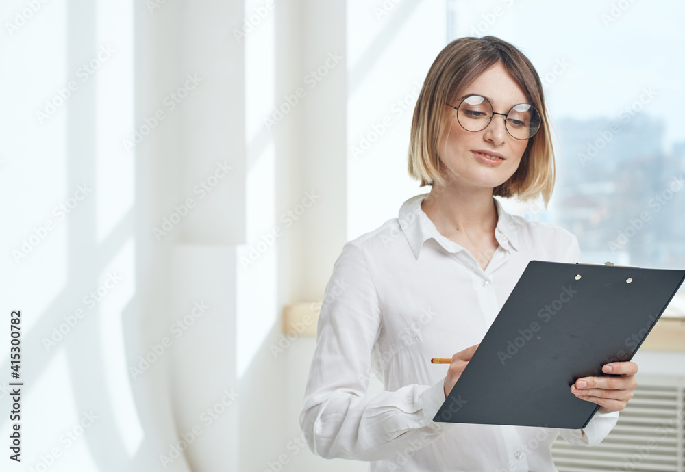 Business woman documents interior window room mockup Business woman documents interior window room mockup