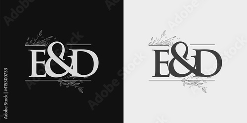 ED Initial logo, Ampersand initial Logo with Hand Draw Floral, Initial Wedding Font Logo Isolated on Black and White Background.