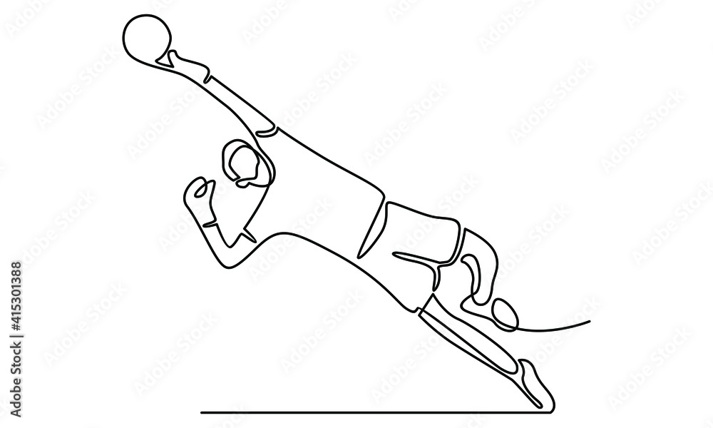 Obraz premium Continue line of jumping football goalkeeper catches the ball. Soccer player