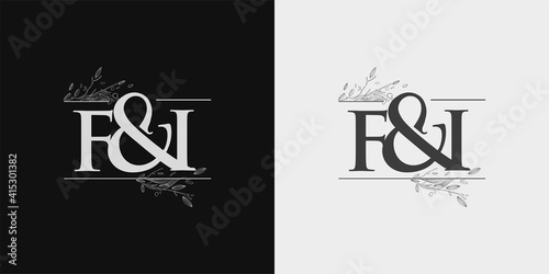 FI Initial logo, Ampersand initial Logo with Hand Draw Floral, Initial Wedding Font Logo Isolated on Black and White Background.