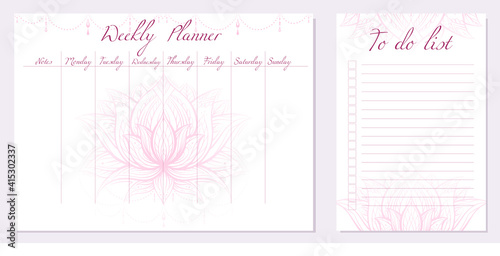 Set of day organization templates with tribal lotus. Weekly planner and to do list. Pink water lily with boho decorations. Spirituality template setting tasks for the day and for the week