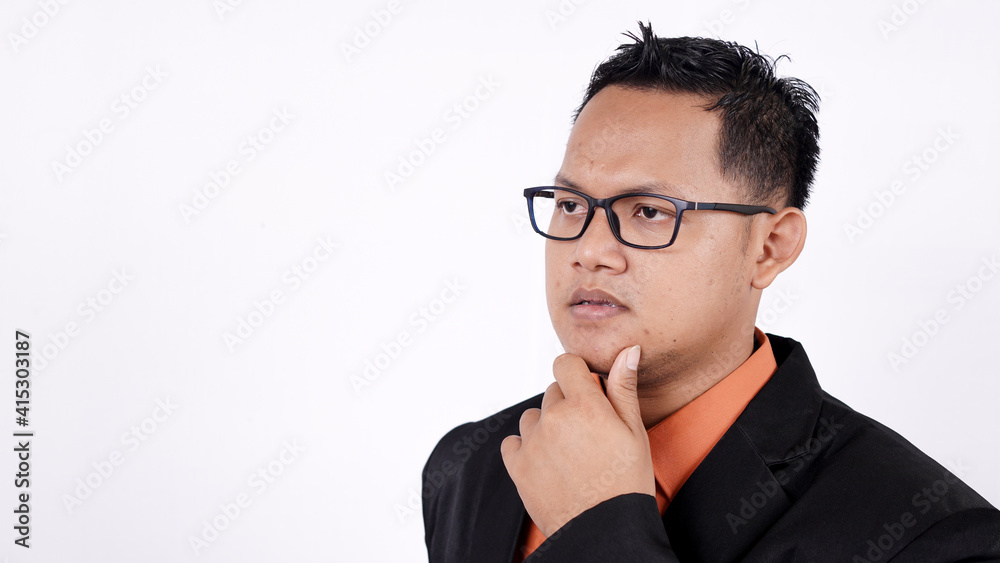 close up of asian businessman thinking on white background close up of asian businessman thinking on white background