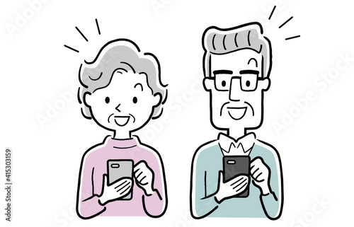 ベクターイラスト素材：スマートフォンを使うシニア世代の男女
